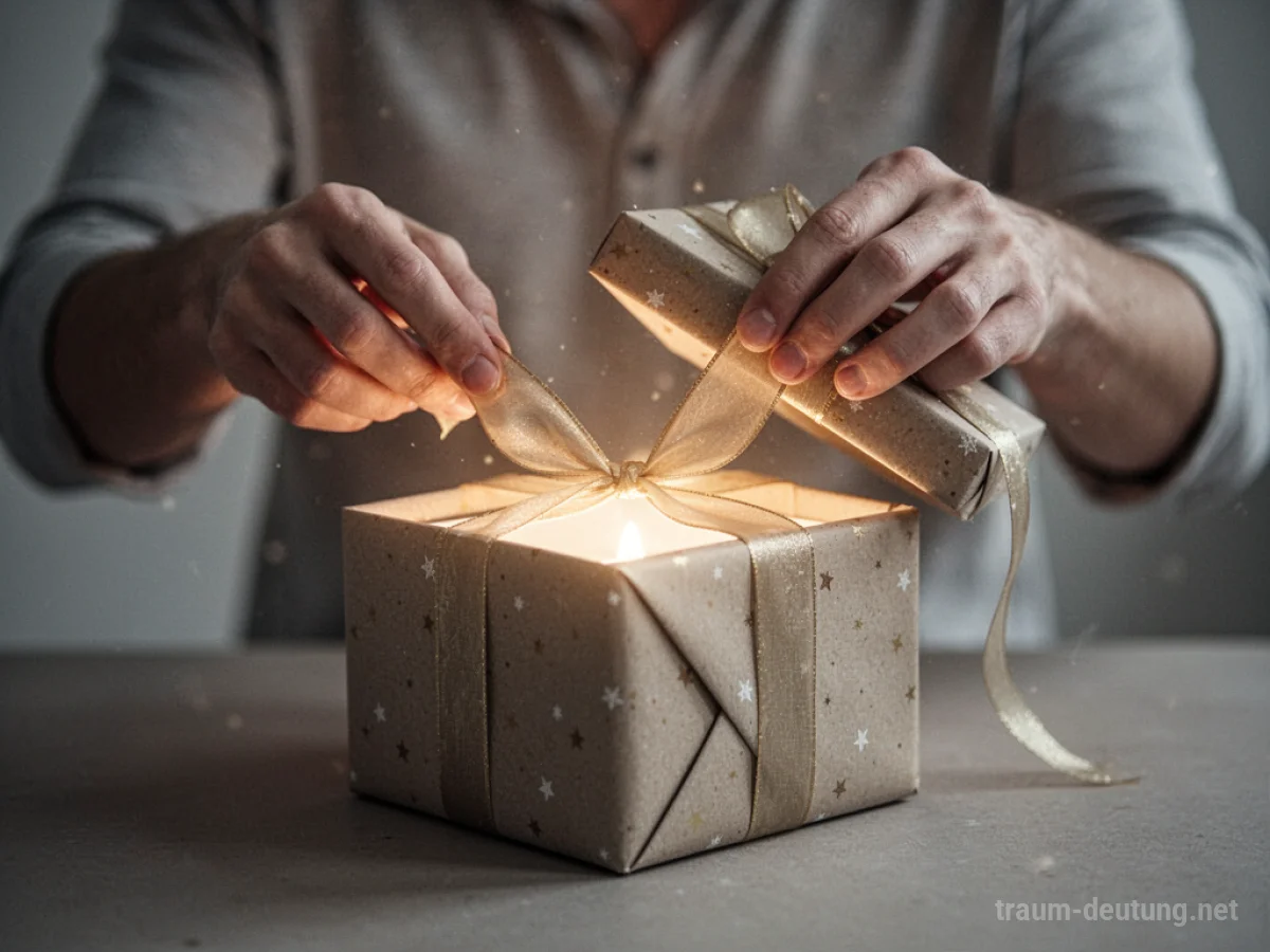 Hände öffnen ein Geschenkpaket mit sanftem Lichtschein.