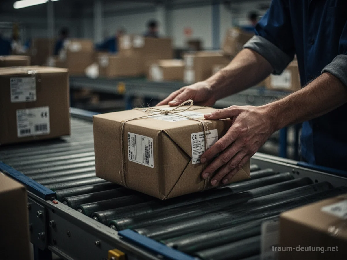 Hände legen ein Paket auf ein Förderband in einem Lager.