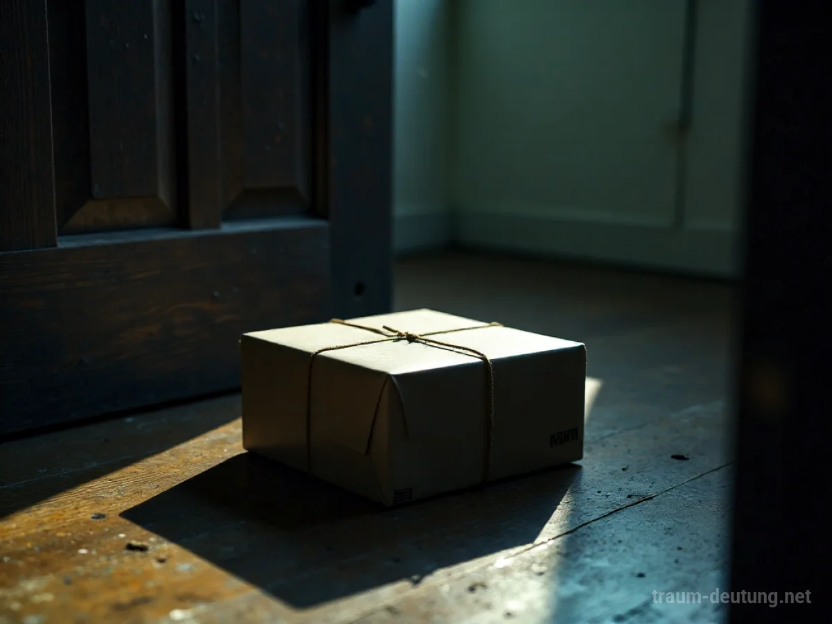 Ein unbekanntes Paket steht vor einer Tür, eine Schattenhand nähert sich.
