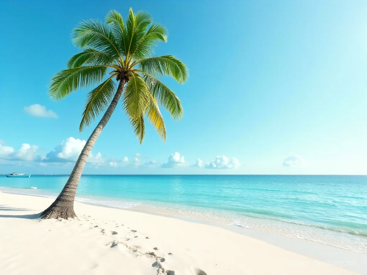 Eine einsame Palme steht an einem sonnigen Strand neben ruhigem Meer.