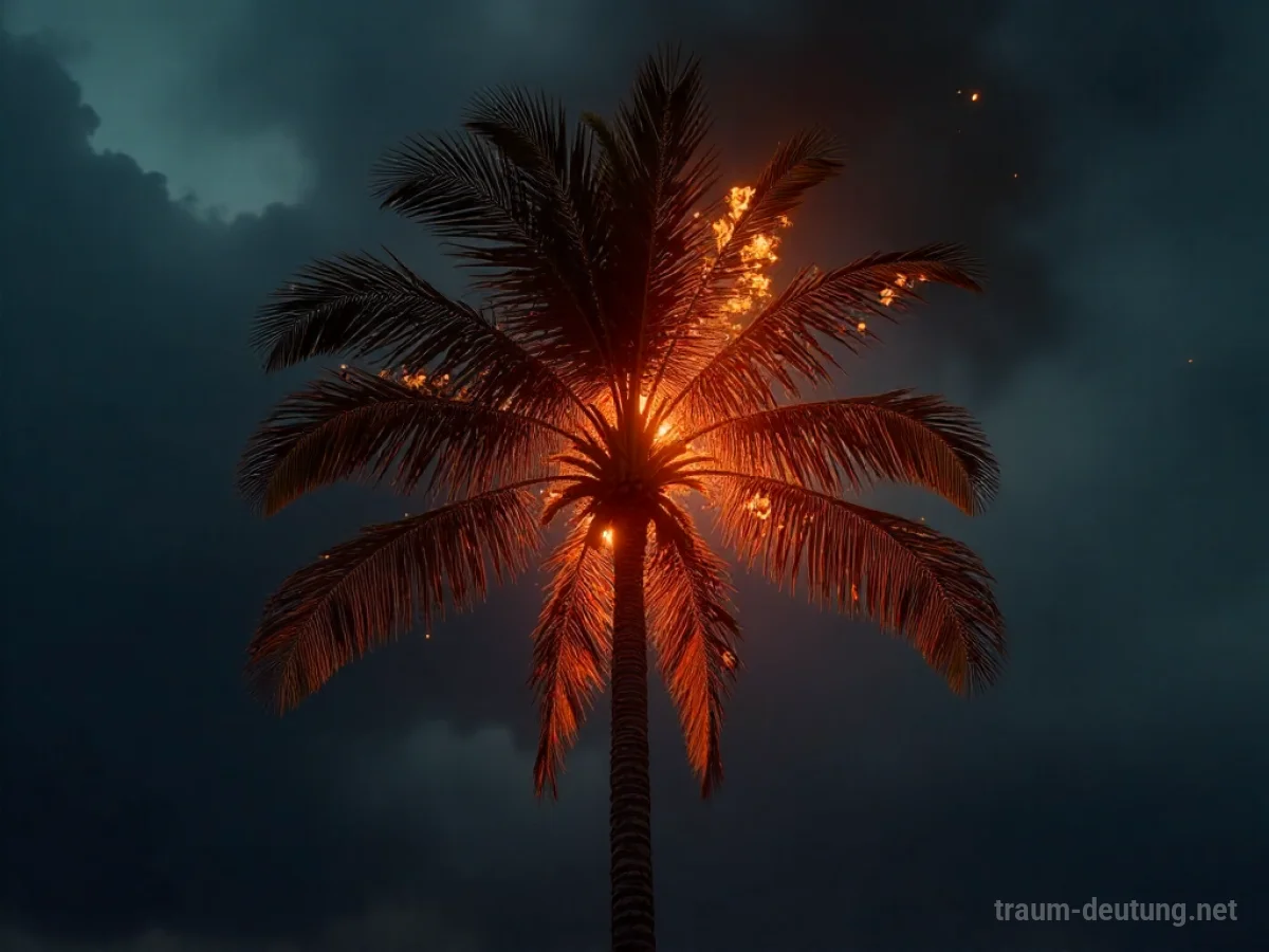 Brennende Palme im Traum, mit Flammen, die den Stamm emporsteigen.