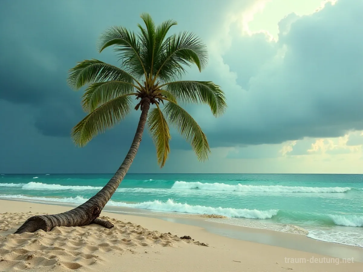 Abbrechende Palme am Strand bei stürmischer See