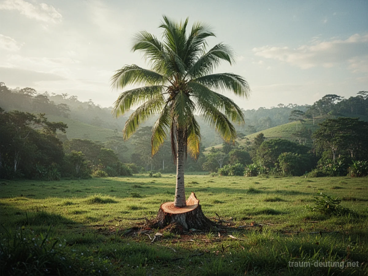 Gefällte Palme in einer grünen Landschaft im Sonnenlicht