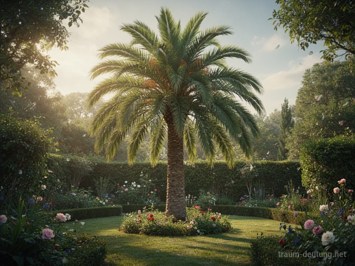 Eine hohe Palme steht in einem gepflegten Garten unter Sonnenschein.