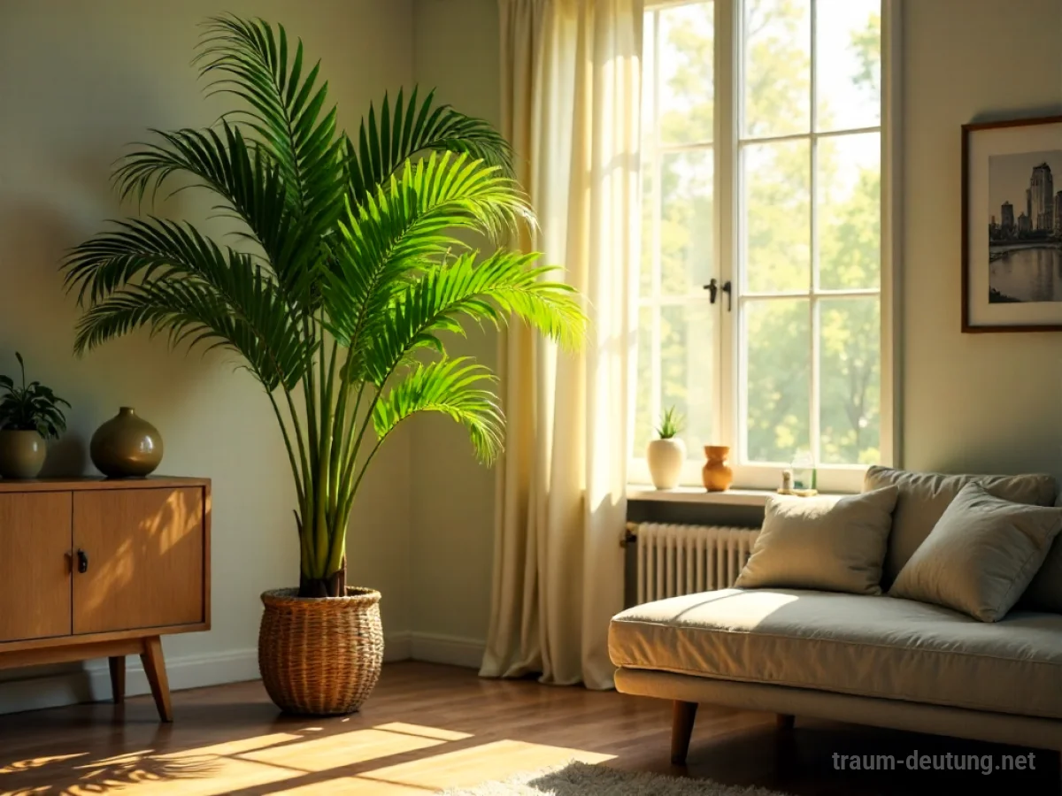 Eine Palme wächst in einem gemütlichen Wohnzimmer im Haus.