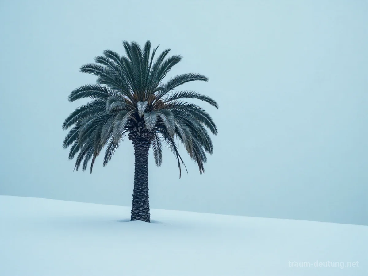 Eine Palme steht allein in einer verschneiten Landschaft, während Schnee fällt.