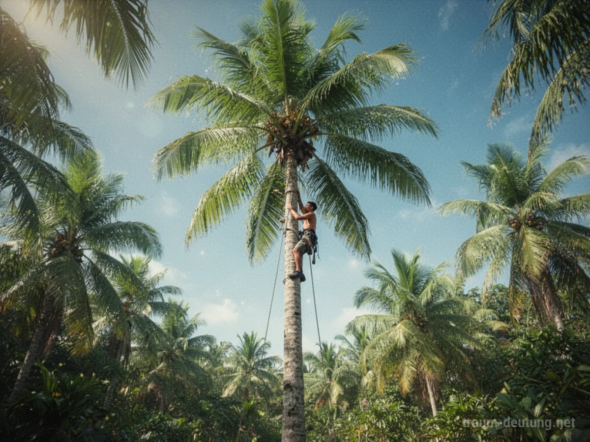 Person klettert auf eine hohe Palme unter blauem Himmel