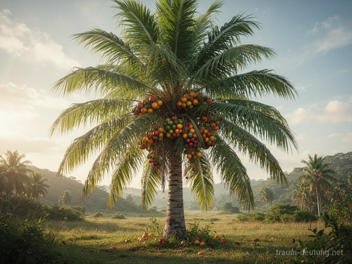 Eine Palme, die im Traum Früchte trägt, in einer sonnigen Landschaft.
