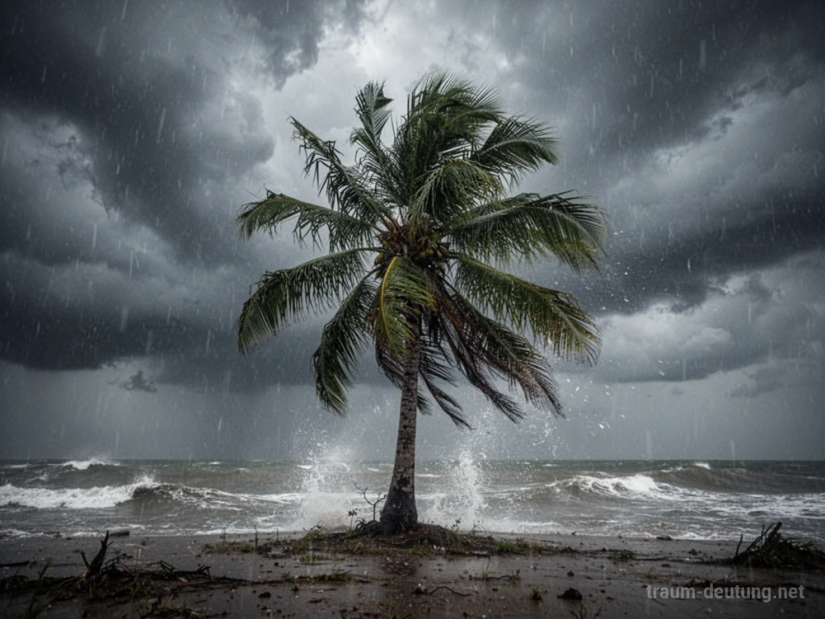 Palme biegt sich im starken Wind während eines Sturms mit peitschendem Regen.