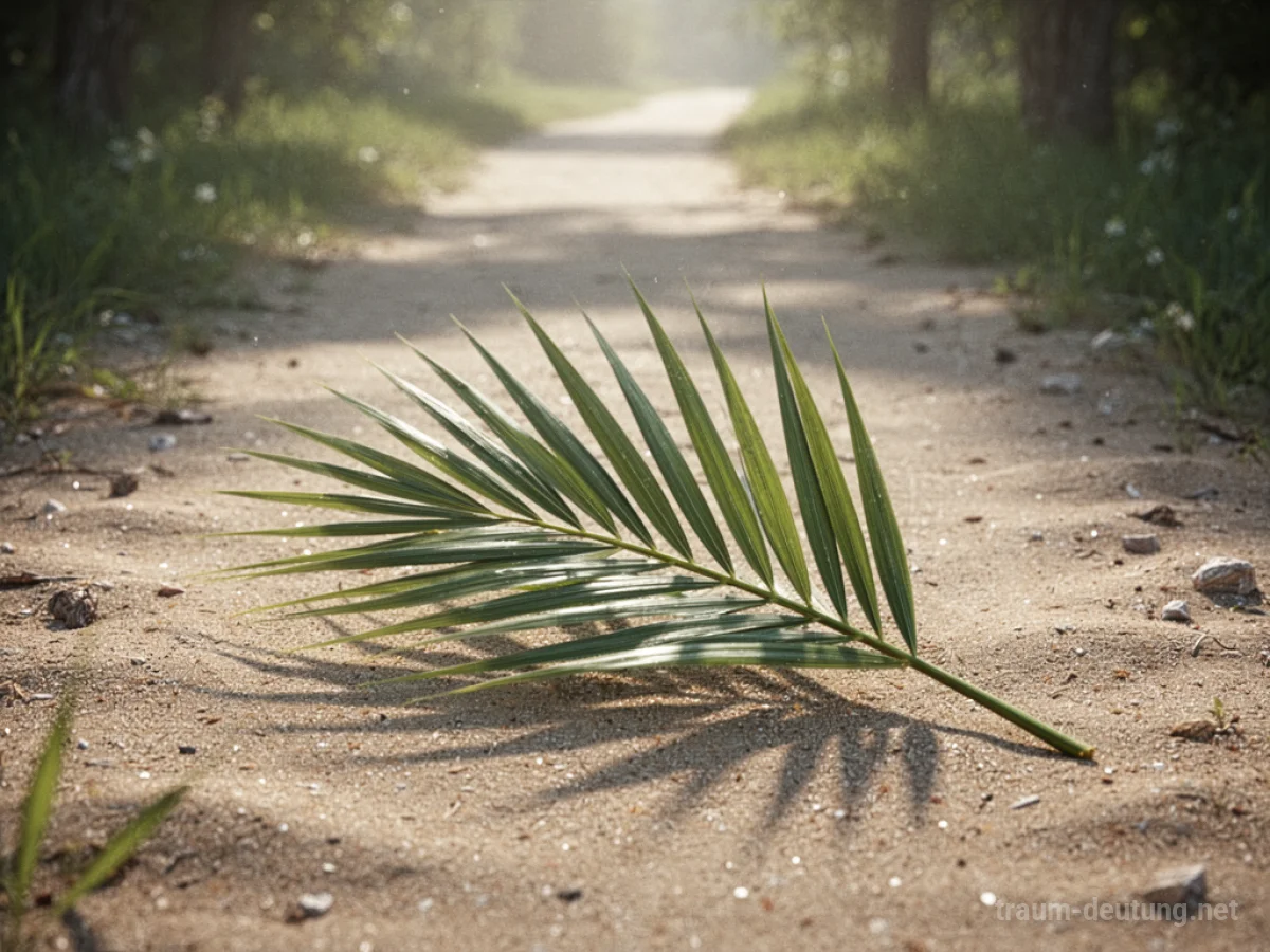 Ein einzelnes Palmenblatt liegt auf einem sandigen Weg im Sonnenlicht.