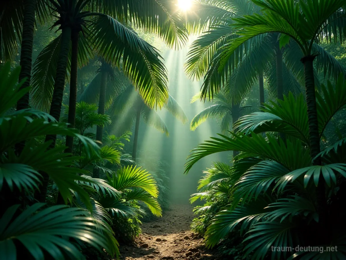 Ein dichter Palmenwald mit Sonnenlicht, das durch die Blätter fällt.