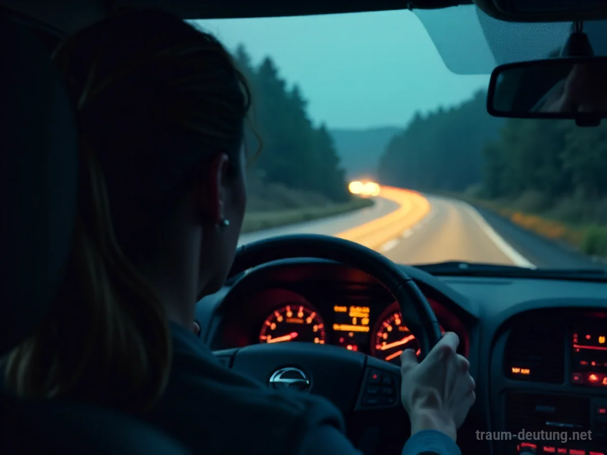 Fahrerin mit weit aufgerissenen Augen und verkrampfter Hand am Lenkrad in einem Auto auf einer dunklen Straße.