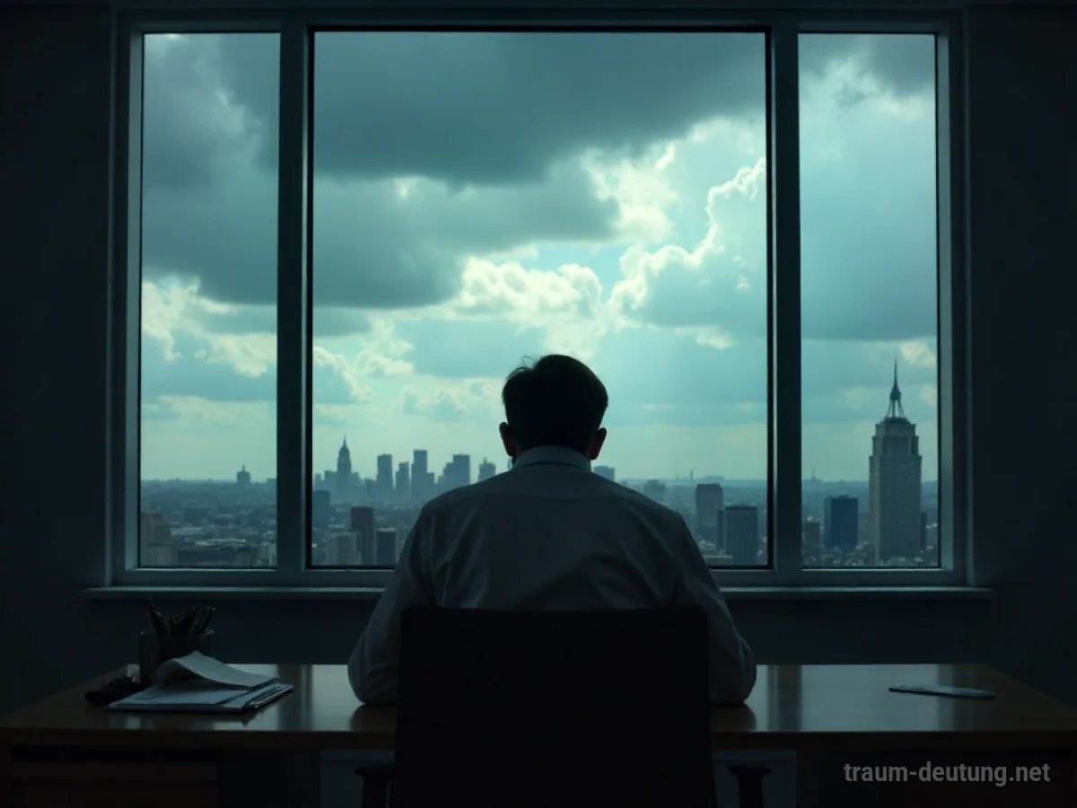 Eine Person sitzt gestresst am Schreibtisch, während draußen dunkle Wolken aufziehen.