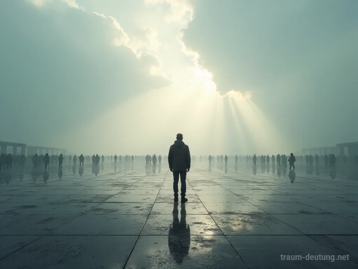 Silhouette einer Person allein auf einem Platz, mit fernen Menschenmengen am Horizont
