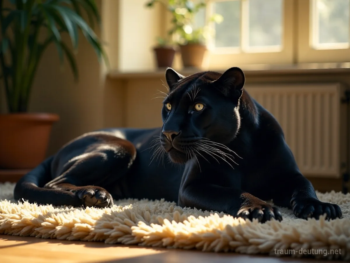 Schwarzer Panther liegt entspannt auf einem Teppich in einem Wohnzimmer.