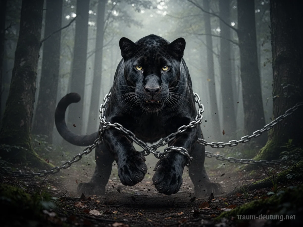 Ein schwarzer Panther bricht sich aus Ketten frei und blickt entschlossen in die Ferne.