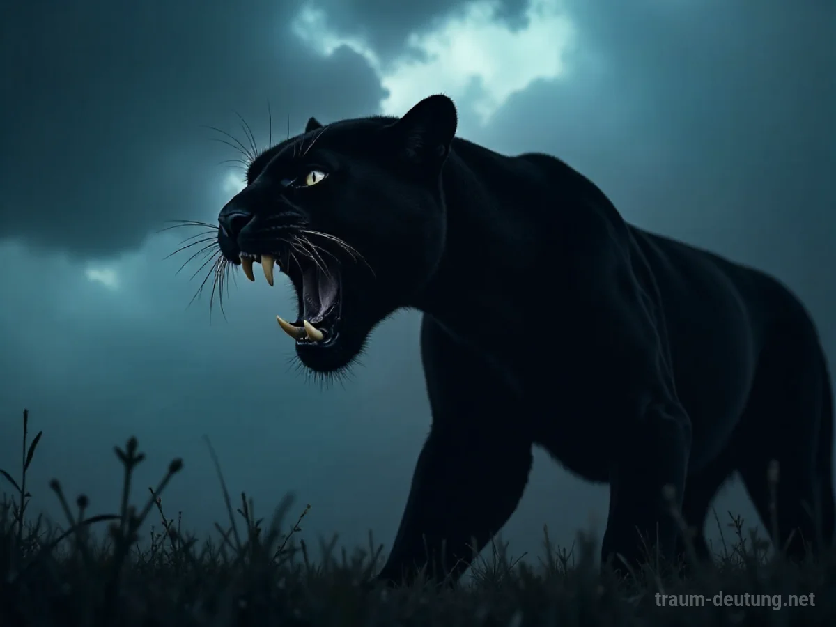 Ein schwarzer Panther brüllt laut vor einem dunklen, stürmischen Himmel.