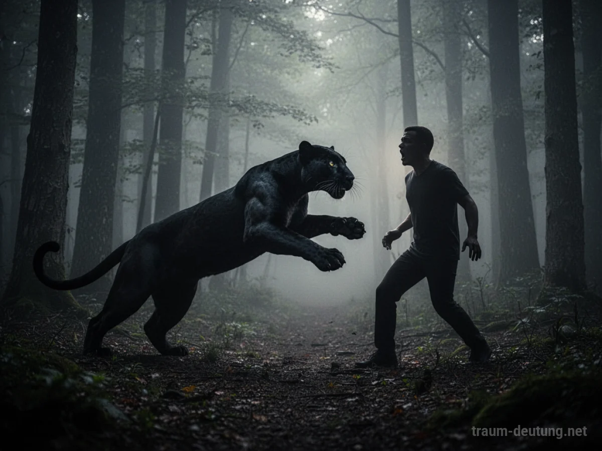 Panther-Silhouette greift menschliche Silhouette in einem dunklen Wald an