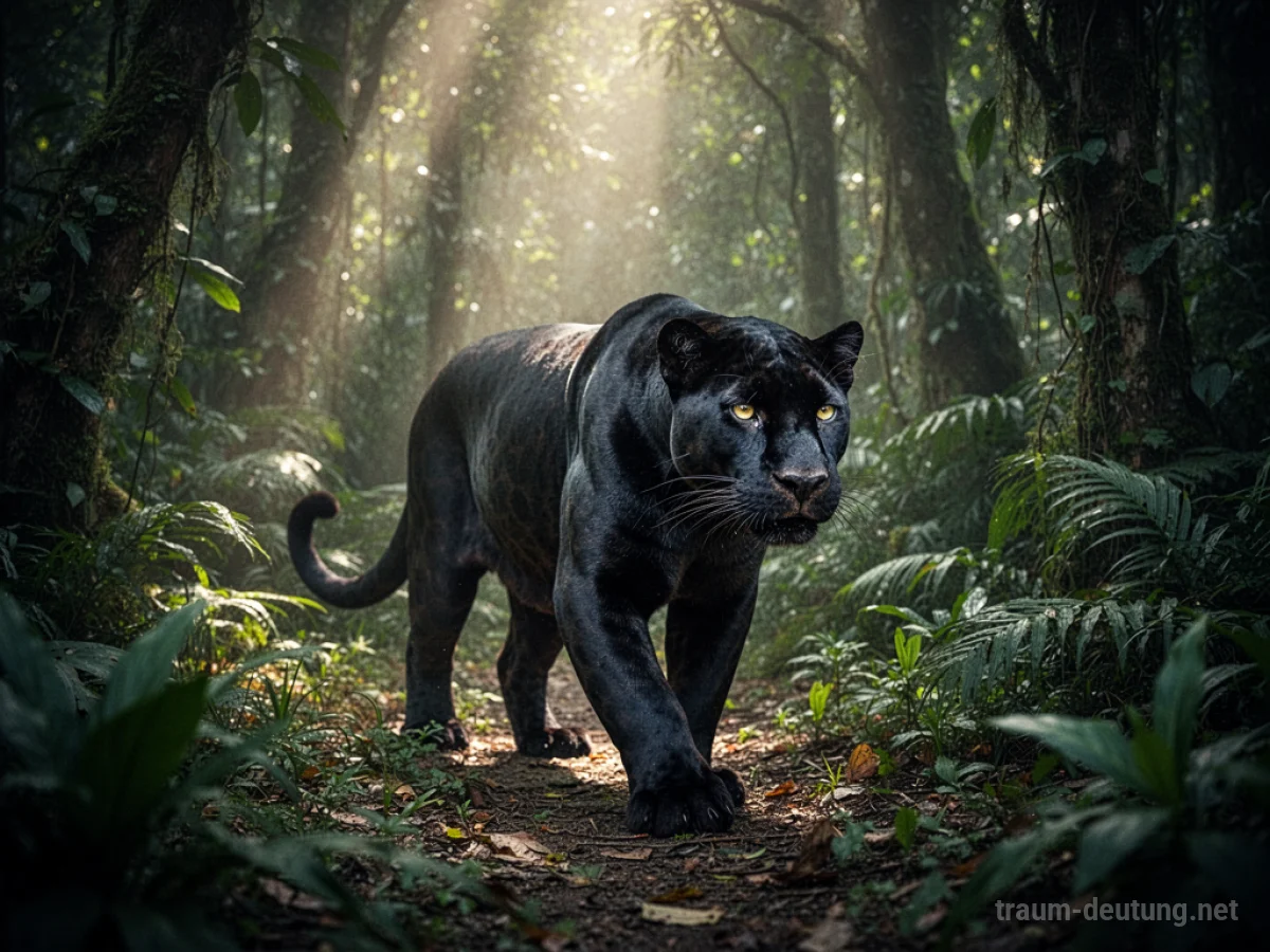 Schwarzer Panther im dichten Dschungel, Sonnenstrahlen fallen durch die Blätter.