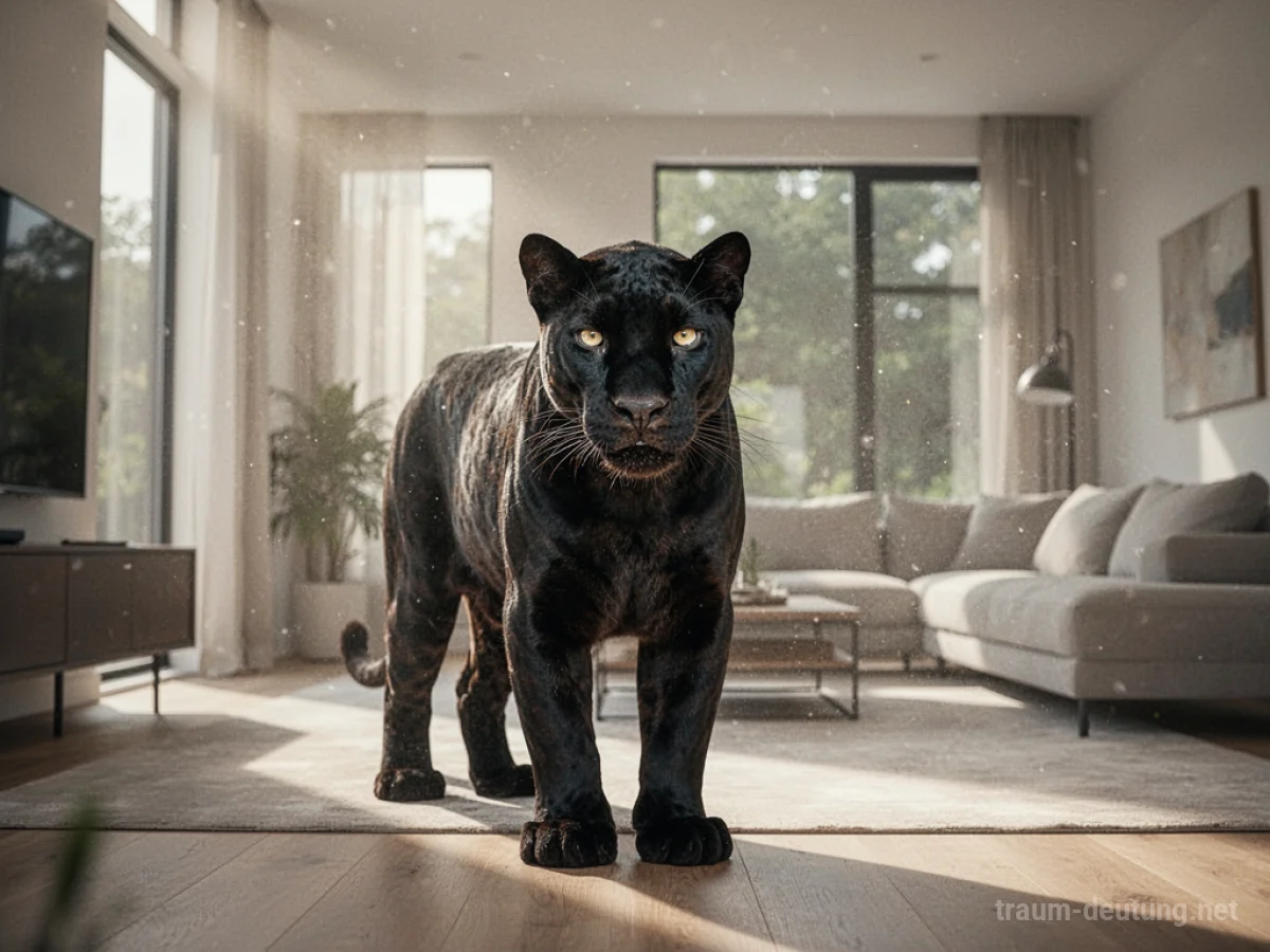 Schwarzer Panther ruhig im Wohnzimmer stehend