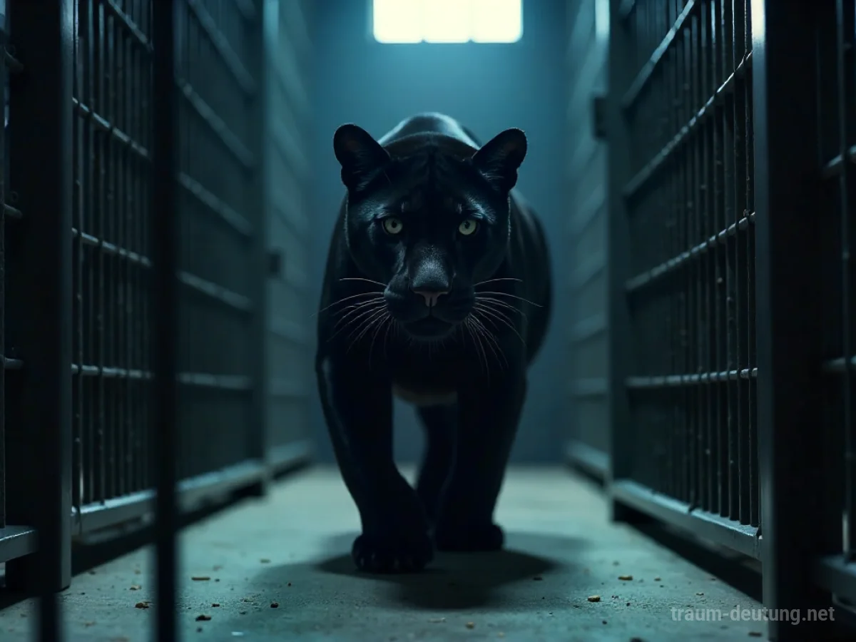 Schwarzer Panther in einem Käfig, der unruhig auf und ab geht.
