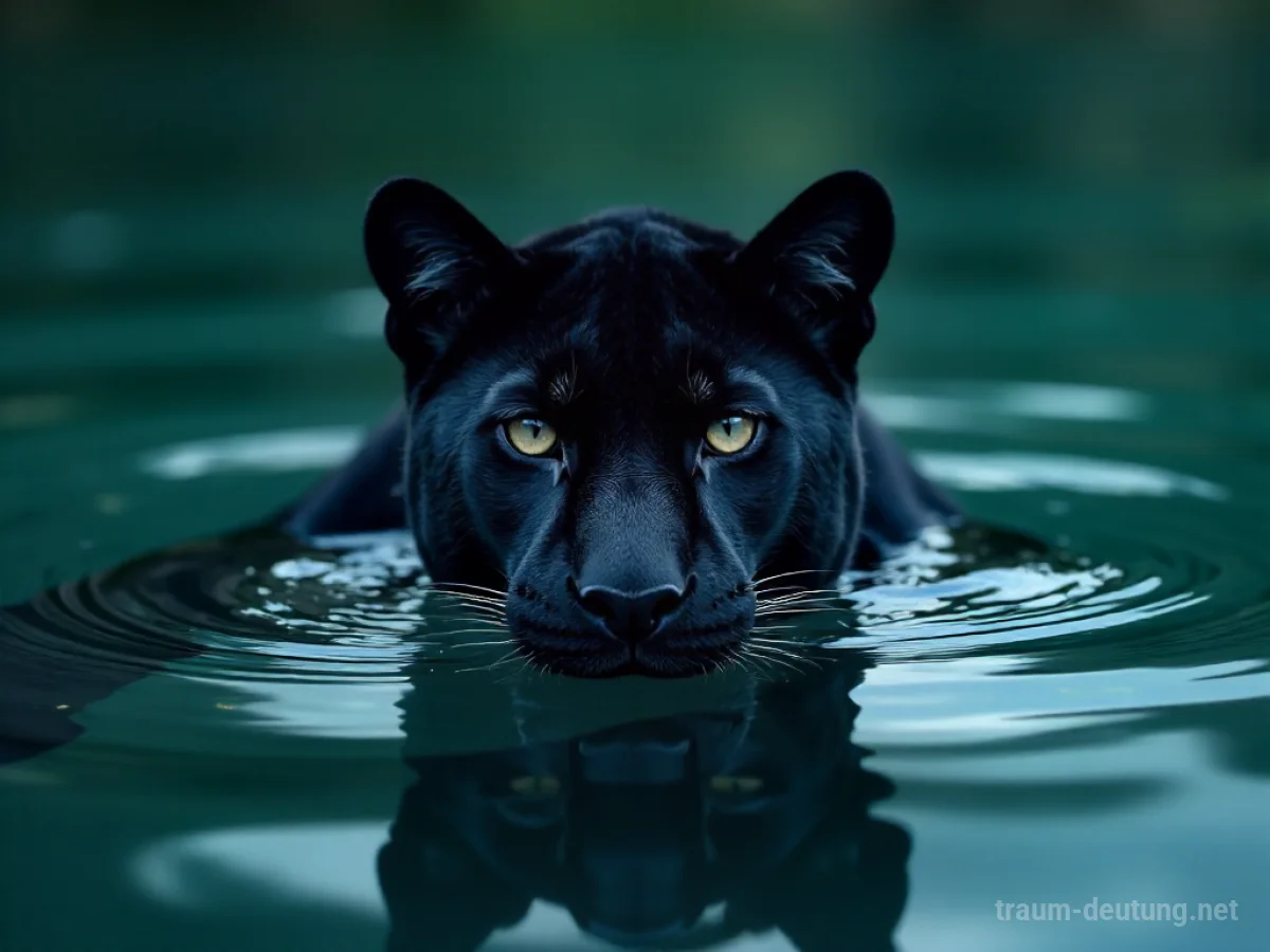 Schwarzer Panther schwimmt ruhig im klaren Wasser