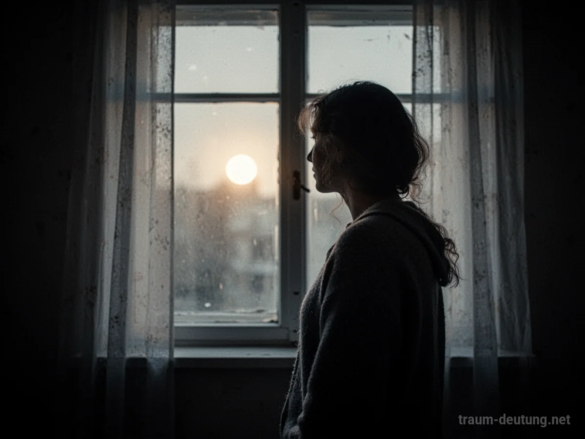 Silhouette einer Person, die besorgt aus einem Fenster blickt, während gedämpftes Licht von hinten scheint.