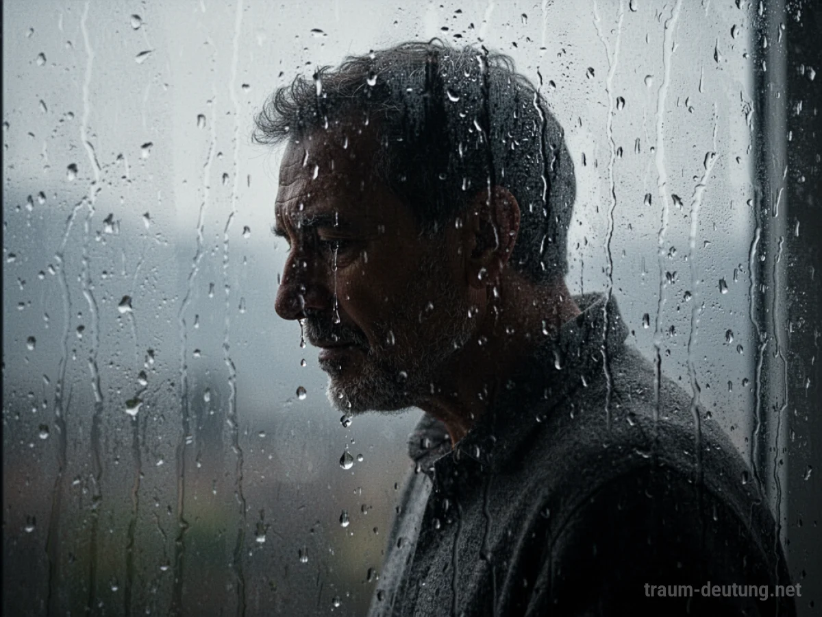 Silhouette eines weinenden Vaters hinter einem regennassen Fenster
