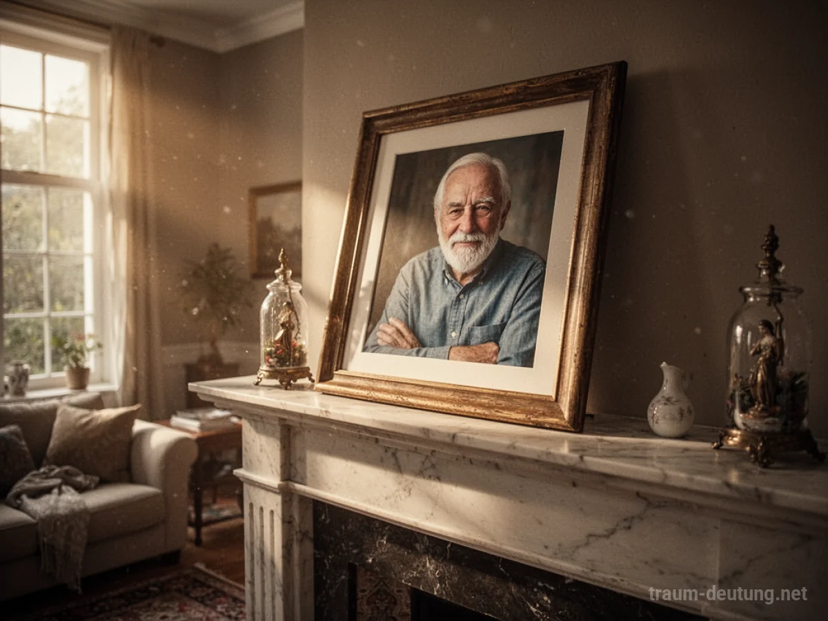 Gerahmtes Bild eines Vaters auf einem Kaminsims im Wohnzimmer.
