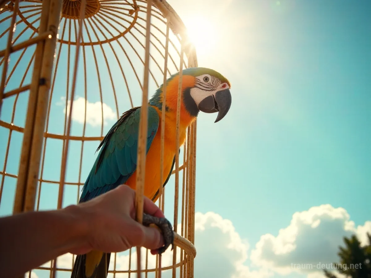 Hand öffnet einen Käfig und lässt einen bunten Papagei in den freien Himmel fliegen.