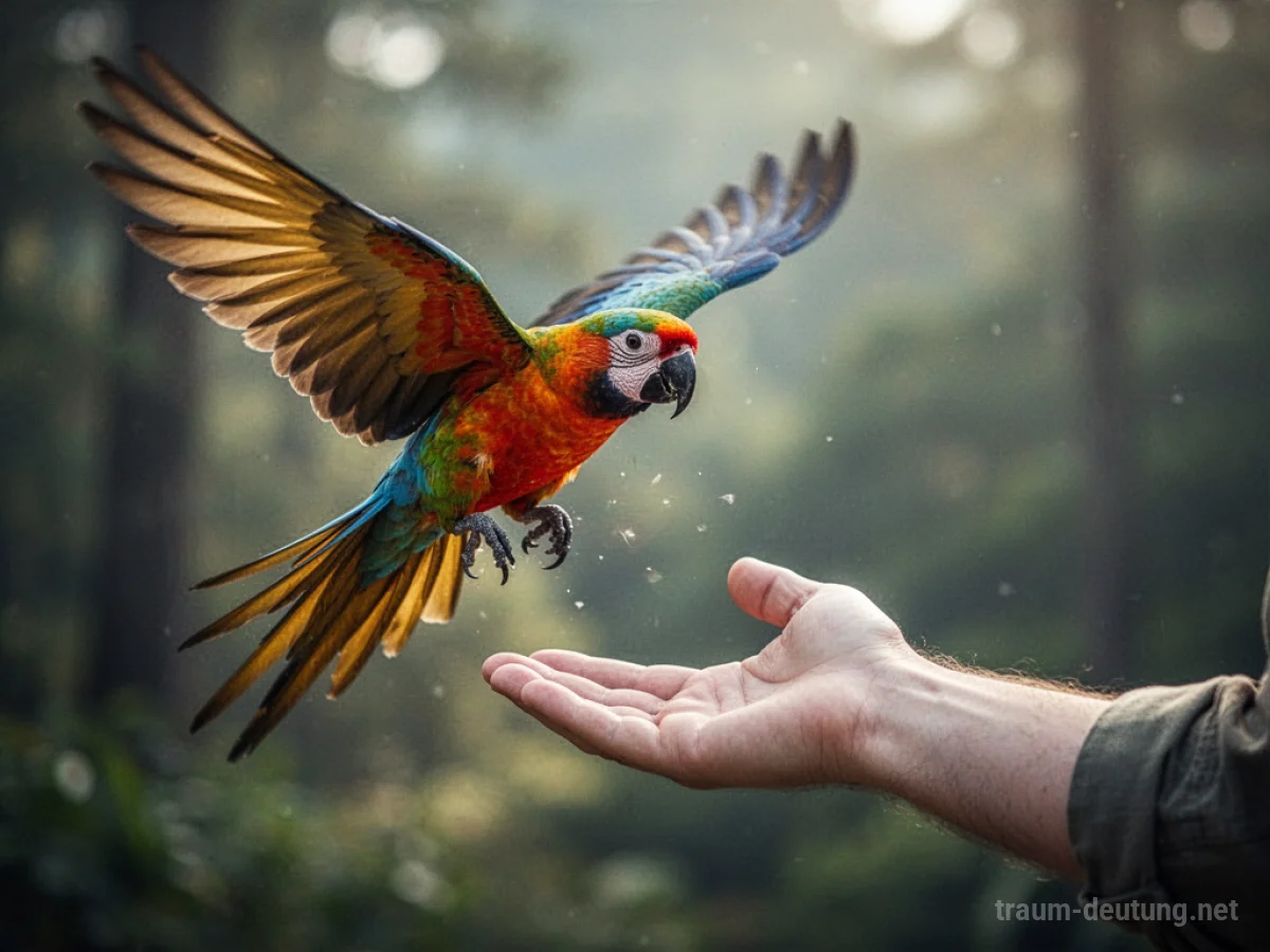Ein bunter Papagei fliegt von einer ausgestreckten Hand weg.