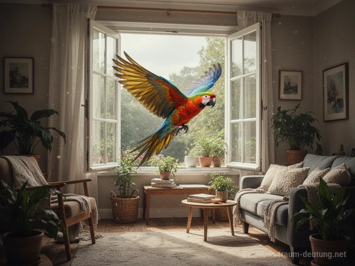 Bunter Papagei fliegt durch ein offenes Fenster in ein Wohnzimmer.