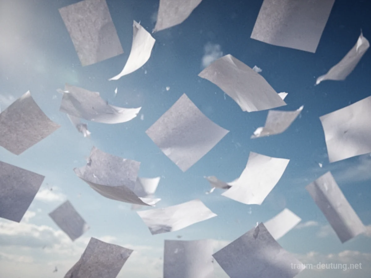 Weiße Papierblätter fallen vom blauen Himmel.