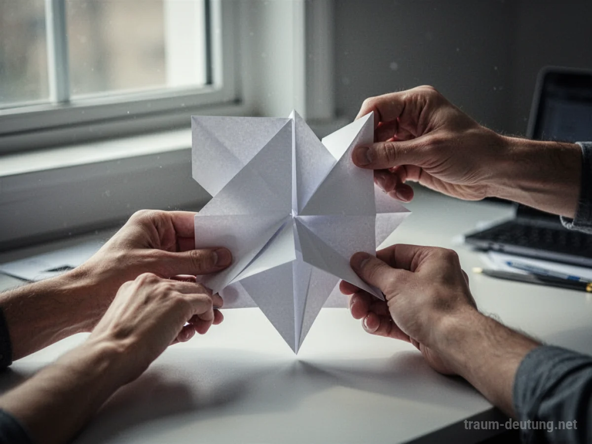 Hände falten ein Blatt Papier zu einer Origami-Form.