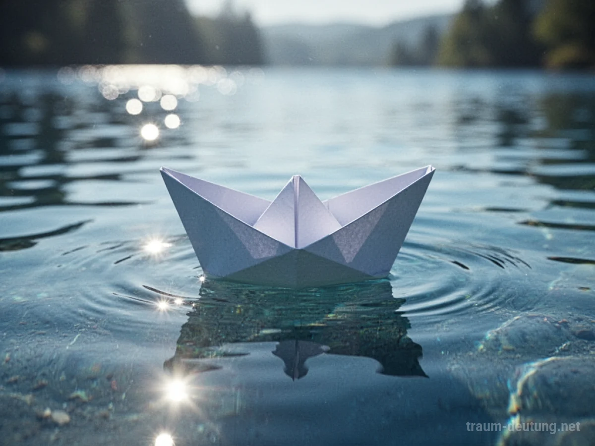 Ein Papierboot schwimmt auf ruhigem Wasser.