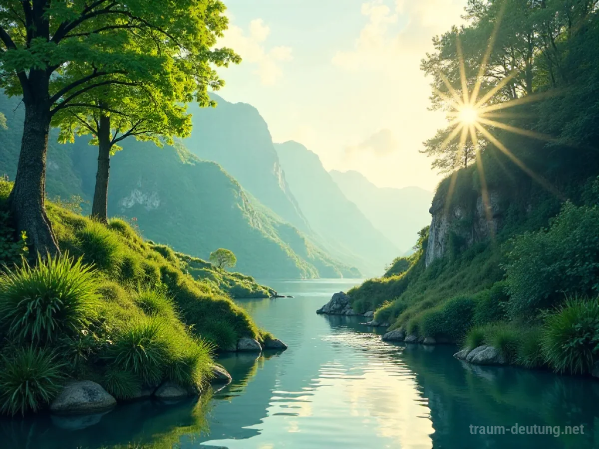 Idyllische Landschaft mit grünen Hügeln und klarem Himmel als Symbol für das Paradies im Traum.
