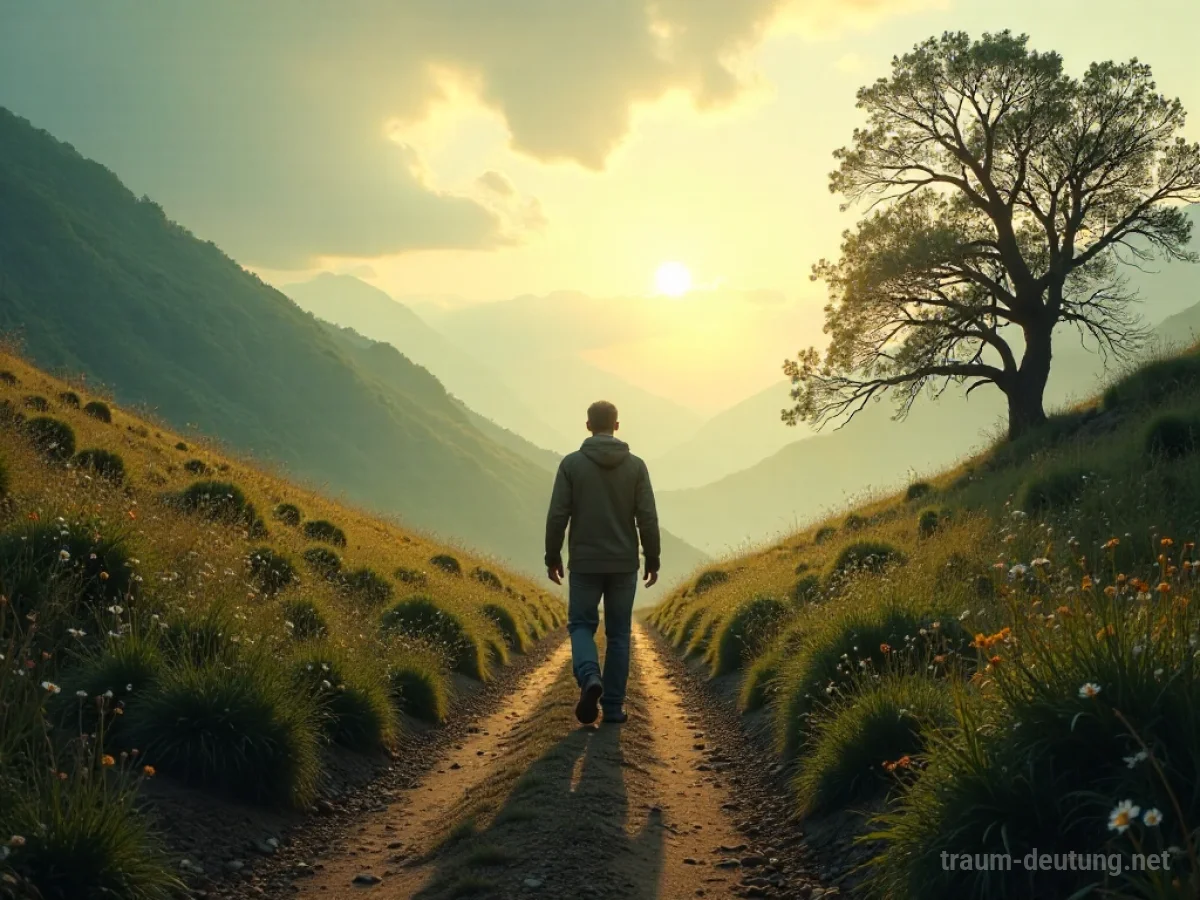Eine Person verlässt eine paradiesische Landschaft und geht in Richtung Dunkelheit.