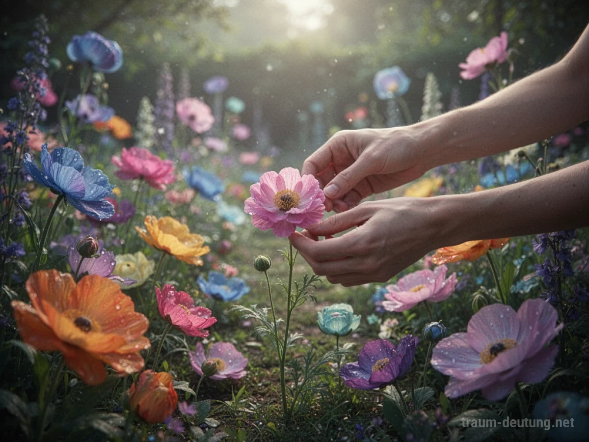 Hände pflücken leuchtende, paradiesische Blumen in einem Garten.