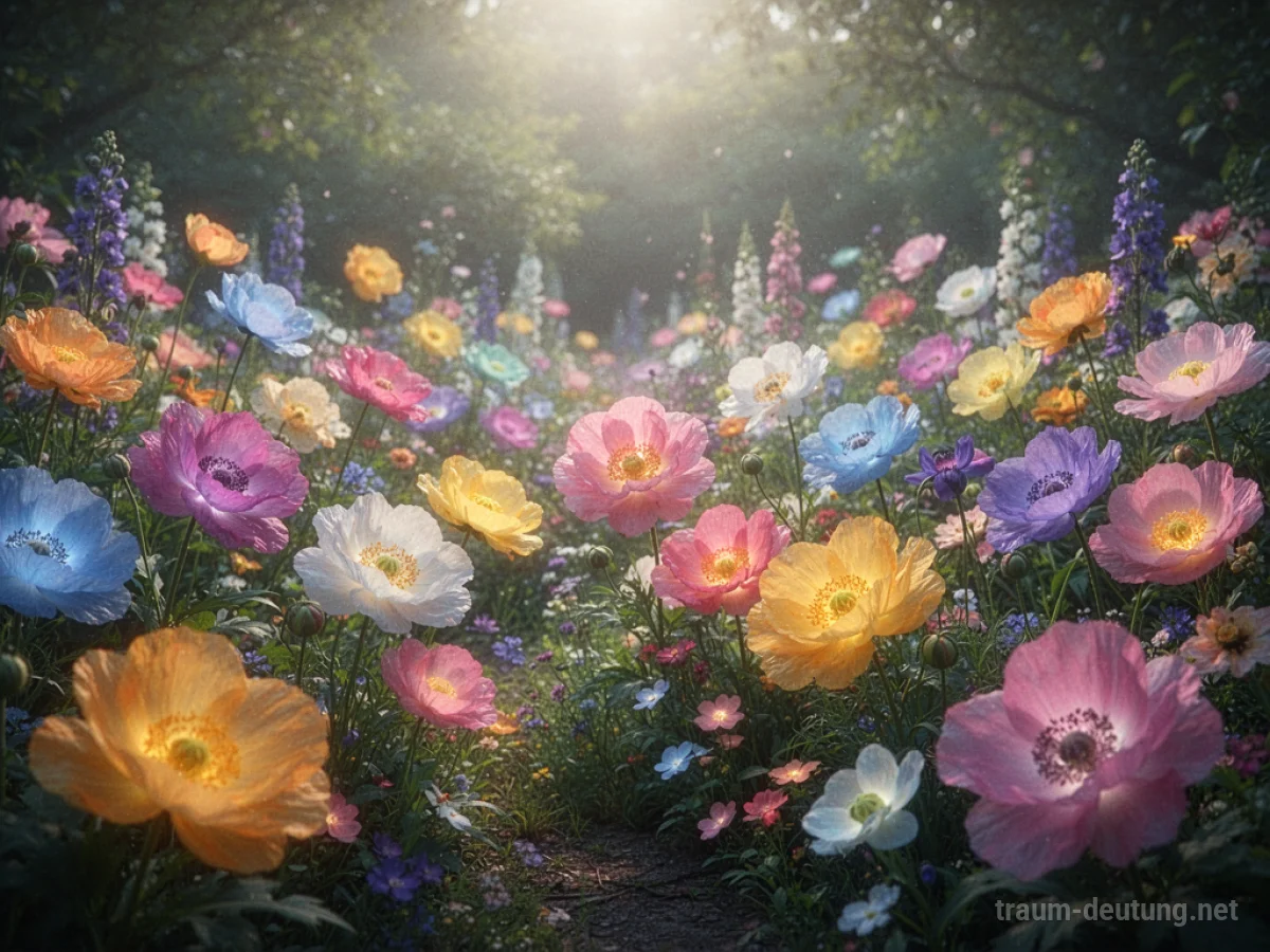 Leuchtende, paradiesische Blumen in einem Garten unter sanftem Licht.