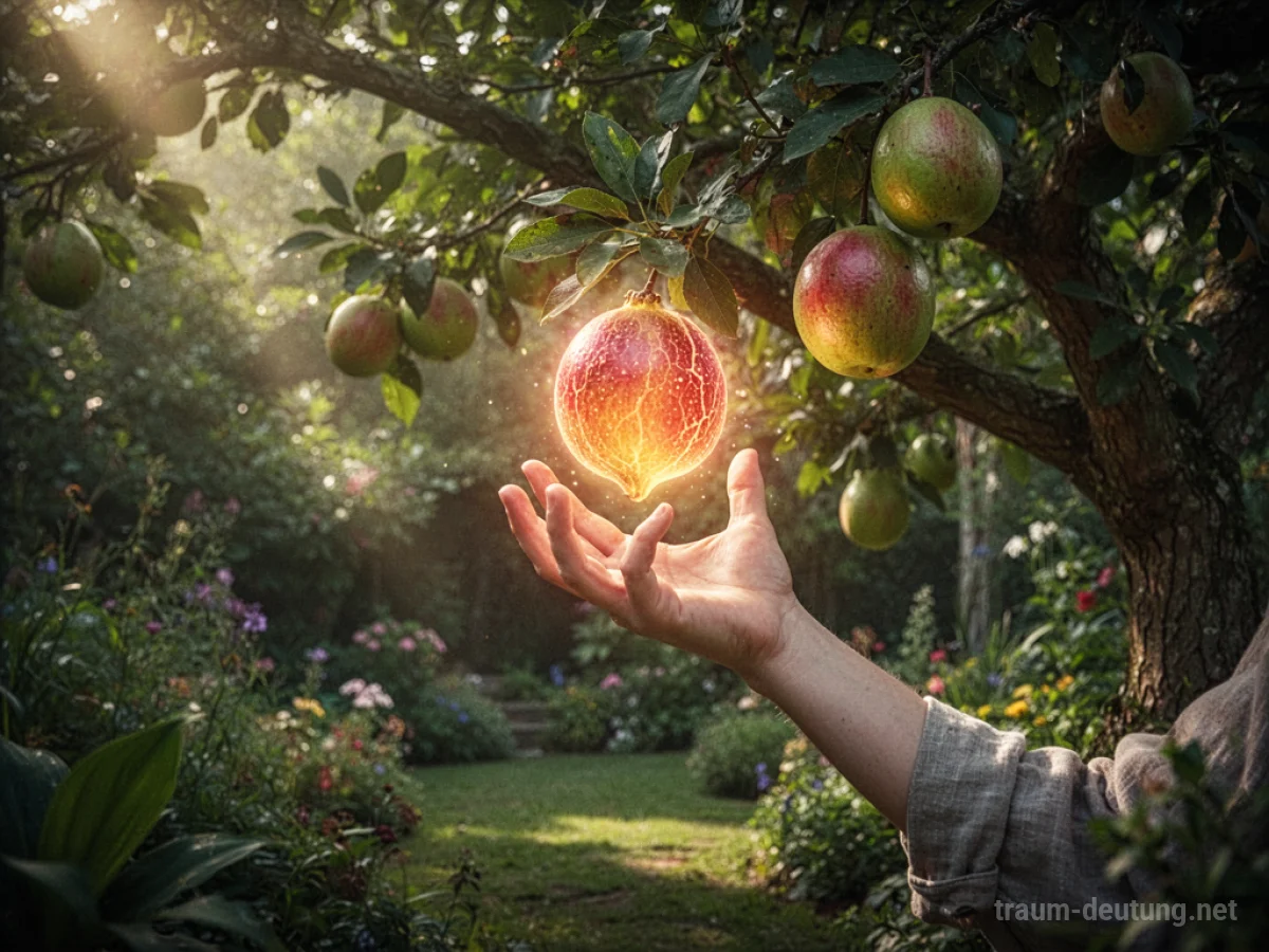 Hand greift nach leuchtender Frucht im Paradiesgarten