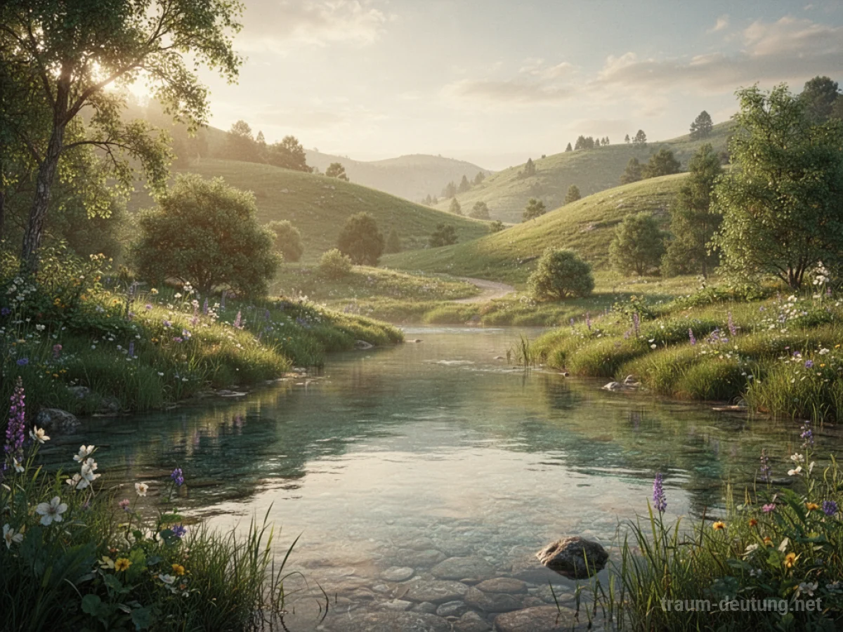 Eine friedliche, sonnenbeschienene paradiesische Landschaft mit üppigem Grün und klarem Wasser.