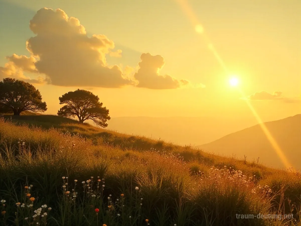 Sanfte, goldene Musiknoten schweben über einer friedlichen Landschaft im Traum.