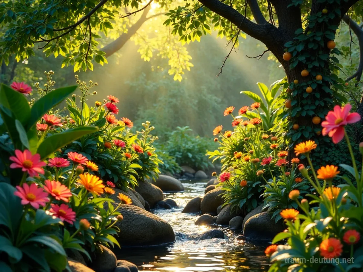 Üppiger paradiesischer Garten mit bunten Blumen und Früchten im Sonnenschein