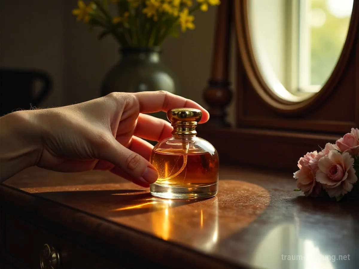 Eine Hand greift nach einer eleganten Parfümflasche auf einem Schminktisch.