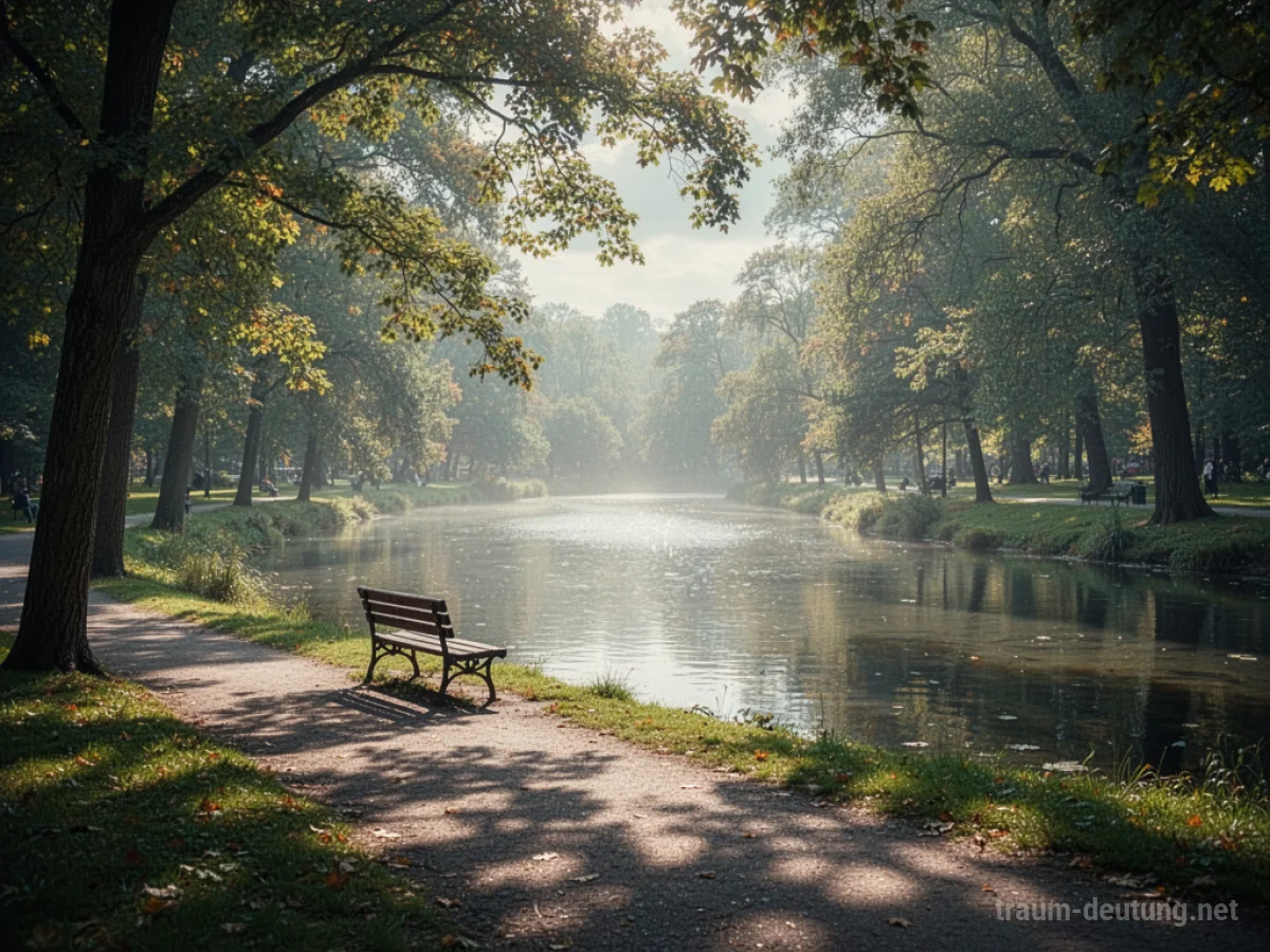 Ein ruhiger Park mit einem See und Bäumen im sanften Licht