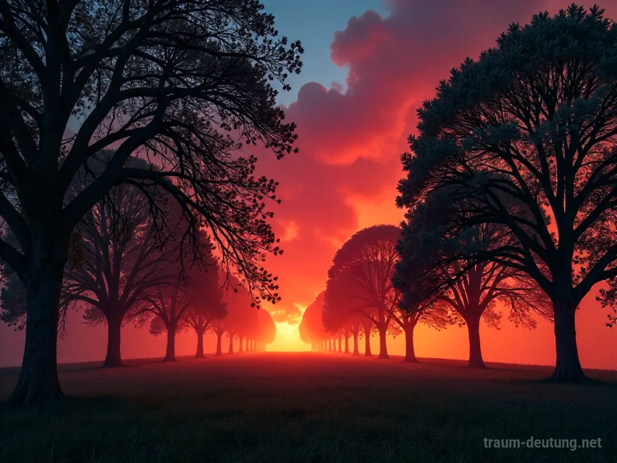 Ein Park mit brennenden Bäumen und aufsteigendem Rauch im Abendhimmel.