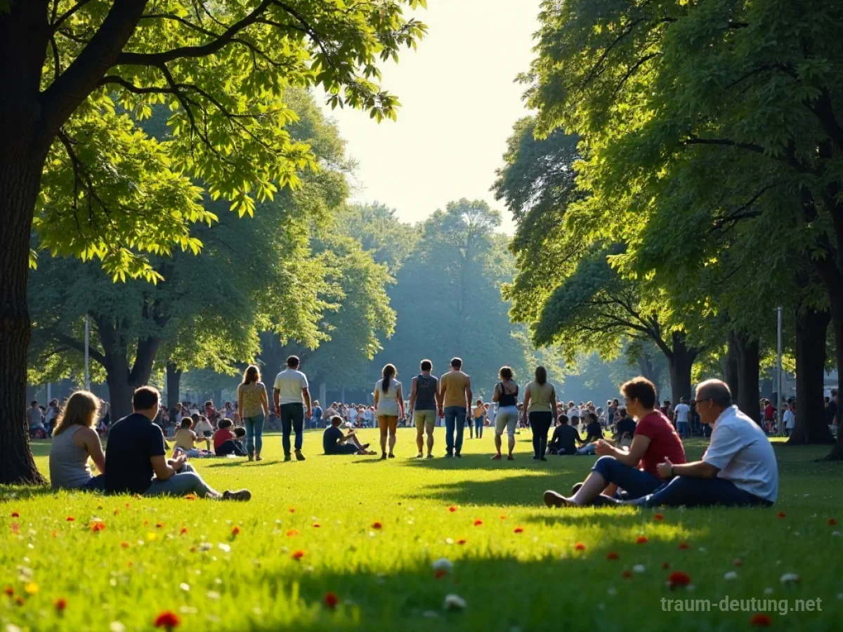 Ein belebter Park mit vielen Menschen, die entspannt ihre Freizeit genießen.