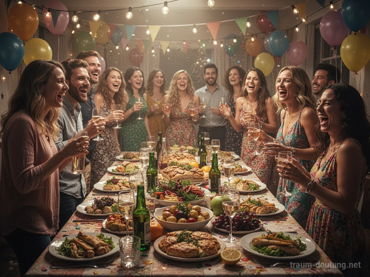 Festlich gedeckte Tafel mit Essen und Getränken auf einer ausgelassenen Party.