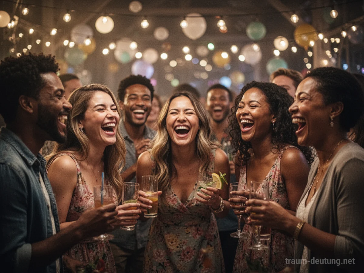 Gruppe von Freunden feiert und lacht auf einer Party.