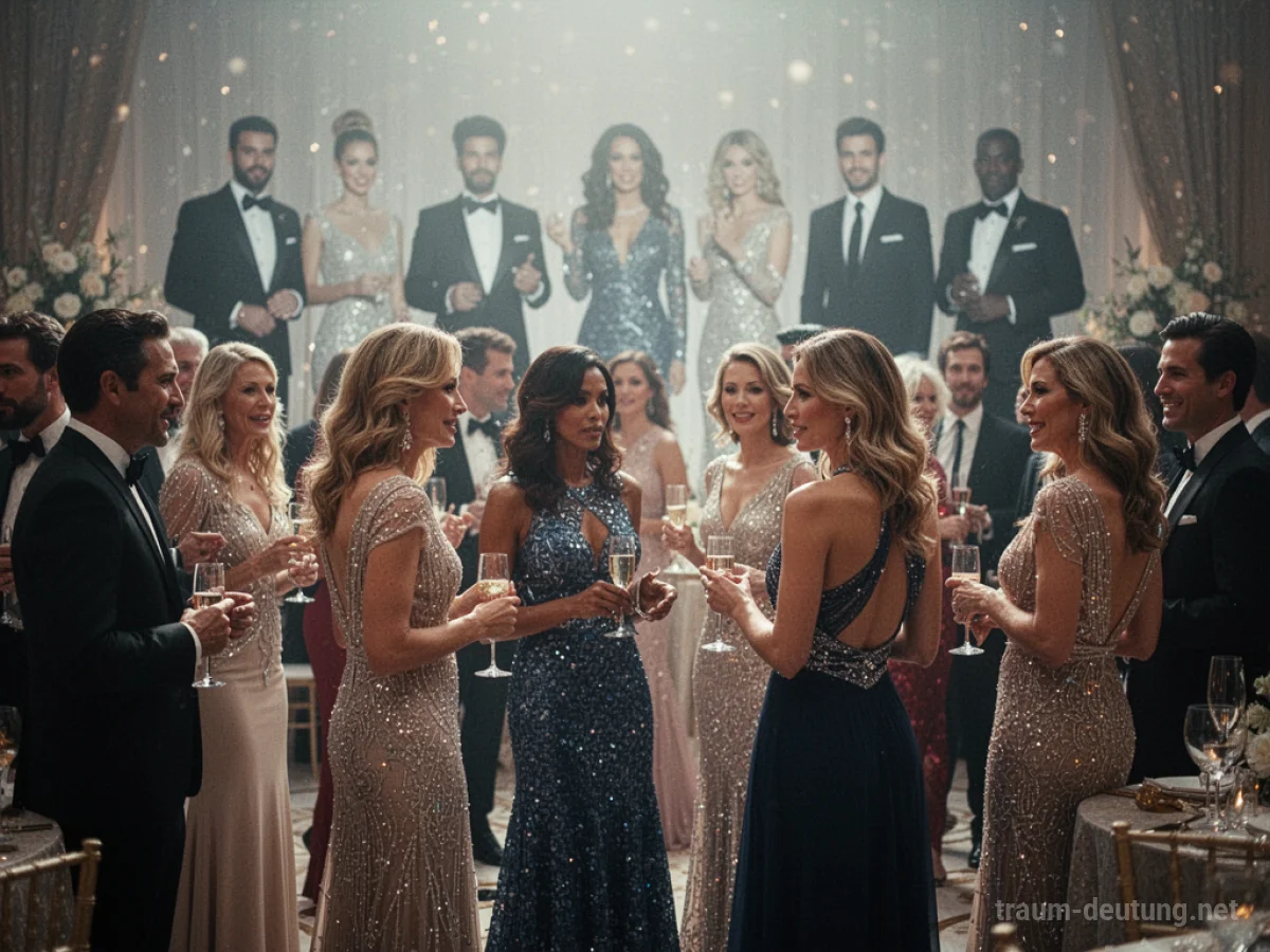 Menschen feiern auf einer glamourösen Party mit Prominenten im Hintergrund.